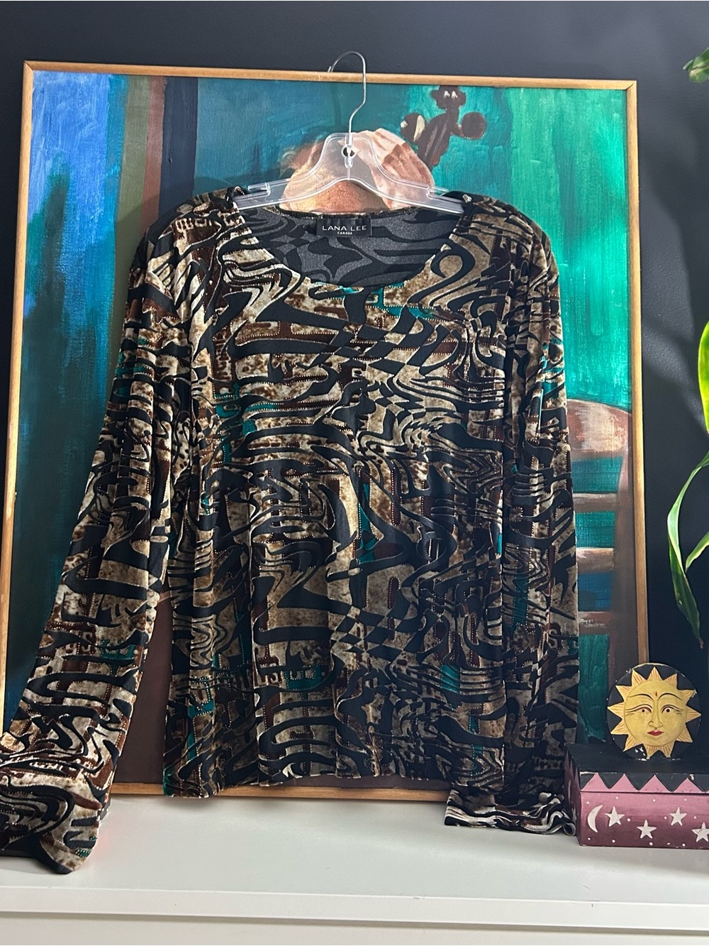 Lana Lee Canada Velvet Abstract Print Long Sleeve Top Black Brown Teal XL-XXL
